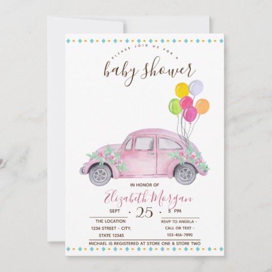Cute roze auto, ballonnen Zigzag Baby shower Kaart (Voorkant)