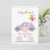 Cute roze auto, ballonnen Zigzag Baby shower Kaart (Staand voorkant)