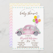 Cute roze auto, ballonnen Zigzag Baby shower Kaart (Voorkant / Achterkant)