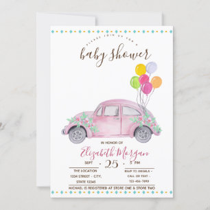Cute roze auto, ballonnen Zigzag Baby shower Kaart