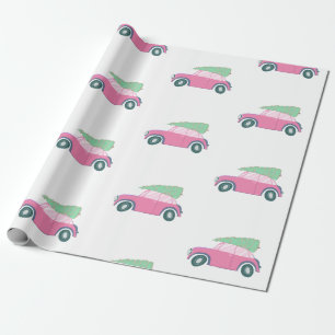 Cute roze auto met kerstboom in Waterverf Cadeaupapier
