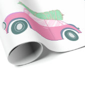 Cute roze auto met kerstboom in Waterverf Cadeaupapier (Rol Hoek)