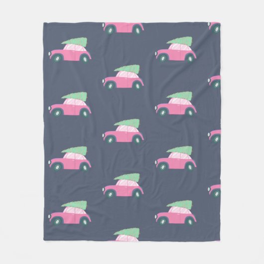 Cute roze auto met kerstboom in Waterverf Fleece Deken (Voorkant)