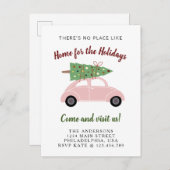 Cute roze auto met kerstboomvakantie aankondigingskaart (Voorkant / Achterkant)