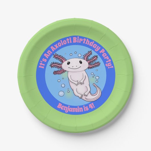 Cute roze axolotl blue bubbles pet cartoon papieren bordje (Voorkant)