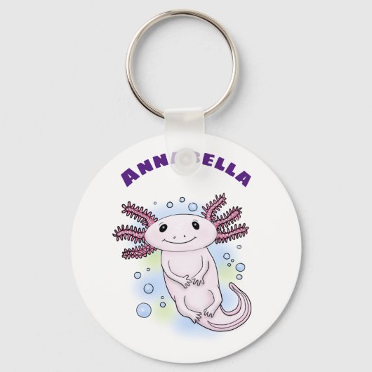 Cute roze axolotl on blue bubbles pet cartoon sleutelhanger (Voorkant)