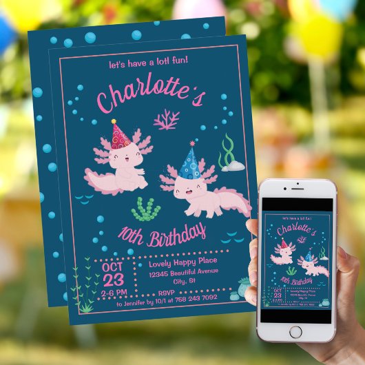 Cute Roze Axolotl Verjaardagsfeest Onder de Zee Kaart