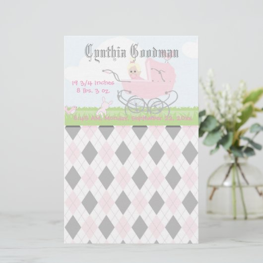 Cute  roze Baby Girl Carriage Briefpapier (Staand voorkant)