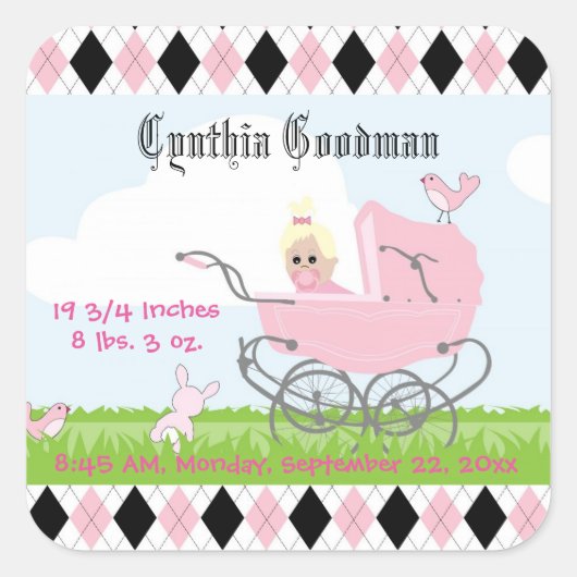 Cute  roze Baby Girl Carriage Vierkante Sticker (Voorkant)