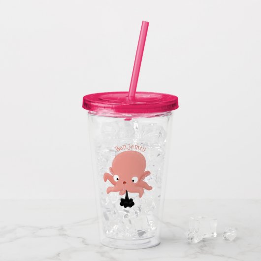 Cute roze baby octopus cartoon humor acryl drinkbeker (Achterkant ijs)