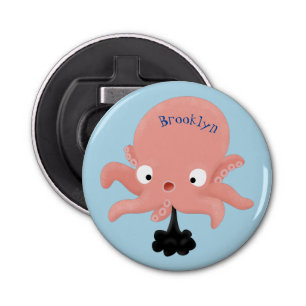 Cute roze baby octopus cartoon humor button flesopener