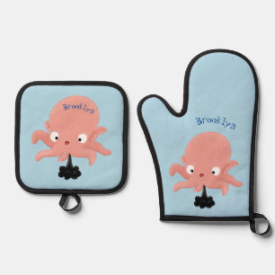 Cute roze baby octopus cartoon humor ovenwant & pannenlap set