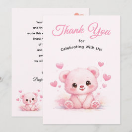 Cute Roze Babybeer voor Meisje Verjaardag Bedankkaart