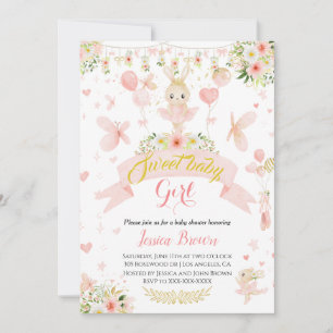 Cute roze ballerina babyshower uitnodiging