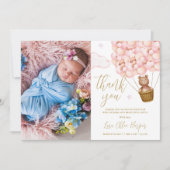 Cute Roze Ballonnen Beer Pasgeboren Baby Foto Bedankkaart (Voorkant)