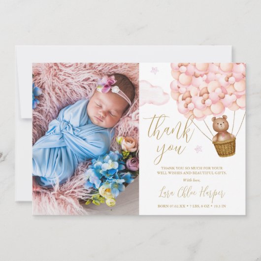Cute Roze Ballonnen Beer Pasgeboren Baby Foto Bedankkaart (Voorkant)