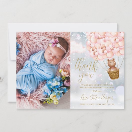 Cute Roze Ballonnen Beer Winter Baby Foto Bedankkaart (Voorkant)