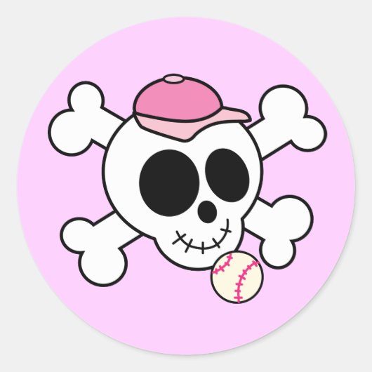 Cute roze Baseball Skull en Crossbones Ronde Sticker (Voorkant)