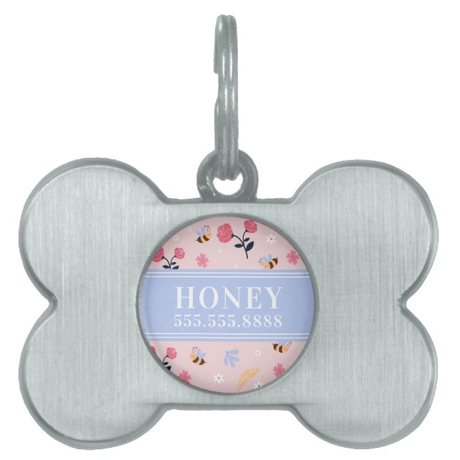 Cute roze bee Floral Name Monogram, geplateerd  Huisdieren Naamplaatje (voorkant)