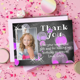 Cute Roze Bellen Schoolbord Meisje Foto Verjaardag Bedankkaart