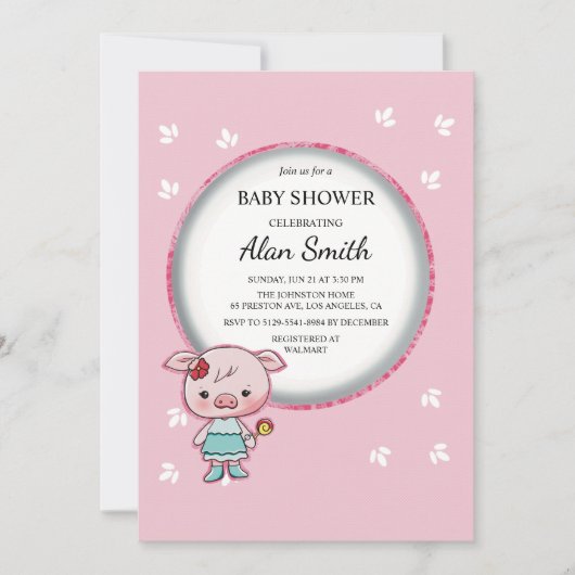 Cute Roze Biggetje Baby Shower Uitnodiging (Voorkant)