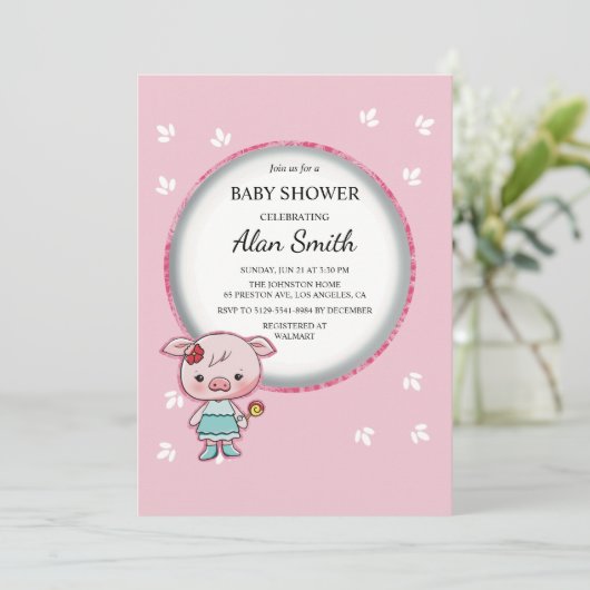 Cute Roze Biggetje Baby Shower Uitnodiging (Staand voorkant)