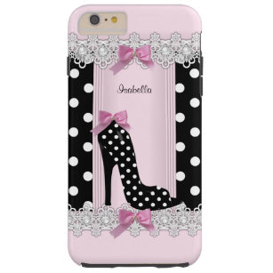 Cute roze Black Polka Dots High Hiels Tough iPhone 6 Plus Hoesje