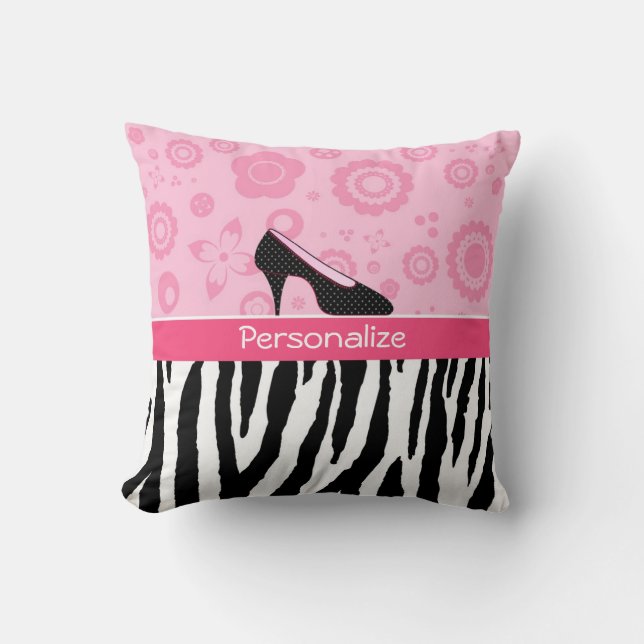 Cute roze Black Shoes Trendy Zebra Print met naam Kussen (Voorkant)