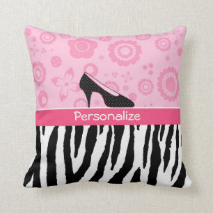 Cute roze Black Shoes Trendy Zebra Print met naam Kussen