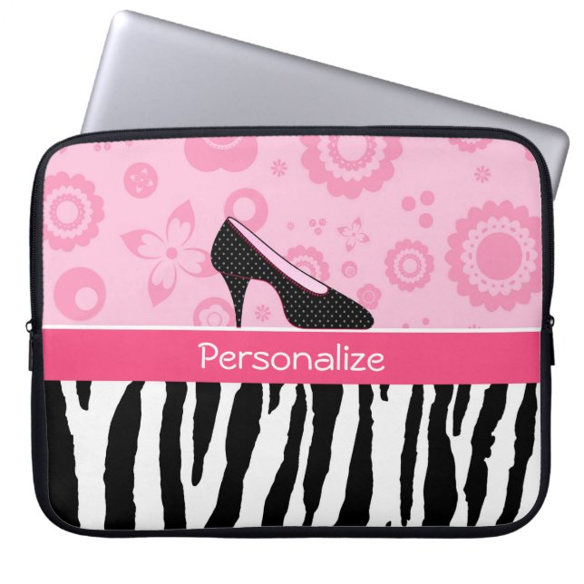 Cute roze Black Shoes Trendy Zebra Print met naam Laptop Sleeve (Voorkant)
