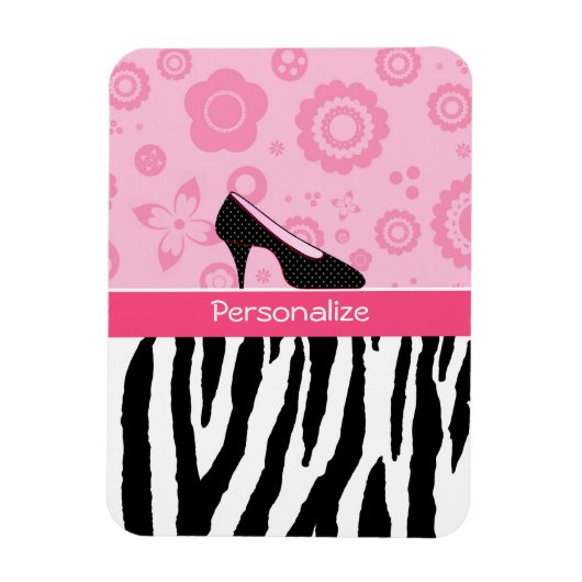 Cute roze Black Shoes Trendy Zebra Print met naam Magneet (Verticaal)