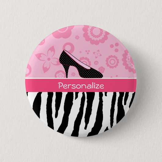 Cute roze Black Shoes Trendy Zebra Print met naam Ronde Button 5,7 Cm (Voorkant)