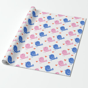 Cute Roze Blauwe Vogel Hart Patroon Herhalend Lief Cadeaupapier