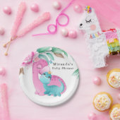 Cute roze Blauwgroen dinosaurussen Peony Baby Girl Papieren Bordje (Feest)