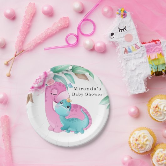 Cute roze Blauwgroen dinosaurussen Peony Baby Girl Papieren Bordje (Feest)