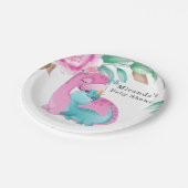 Cute roze Blauwgroen dinosaurussen Peony Baby Girl Papieren Bordje (Gekanteld)