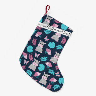 Cute roze Blauwgroen Hippo Floral Butterfly Lily P Kleine Kerstsok