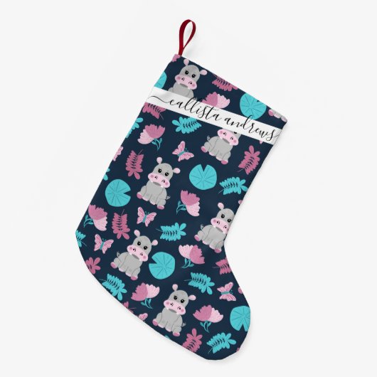 Cute roze Blauwgroen Hippo Floral Butterfly Lily P Kleine Kerstsok (Voorkant (Hangend))