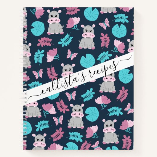 Cute roze Blauwgroen Hippo Floral Butterfly Lily P Notitieboek (Voorkant)