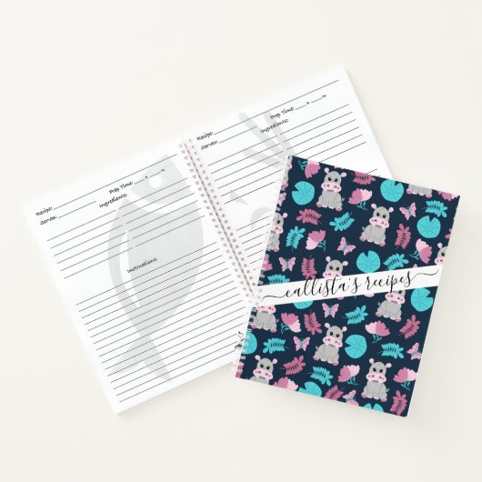 Cute roze Blauwgroen Hippo Floral Butterfly Lily P Notitieboek (Binnen)