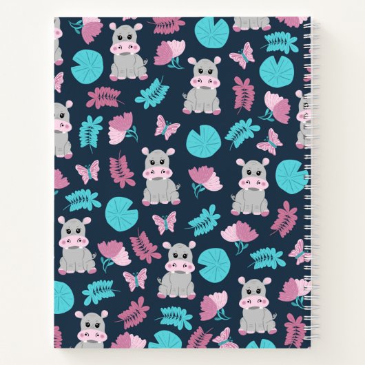 Cute roze Blauwgroen Hippo Floral Butterfly Lily P Notitieboek (Achterkant)