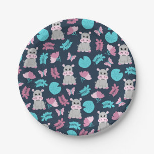 Cute roze Blauwgroen Hippo Floral Butterfly Lily P Papieren Bordje