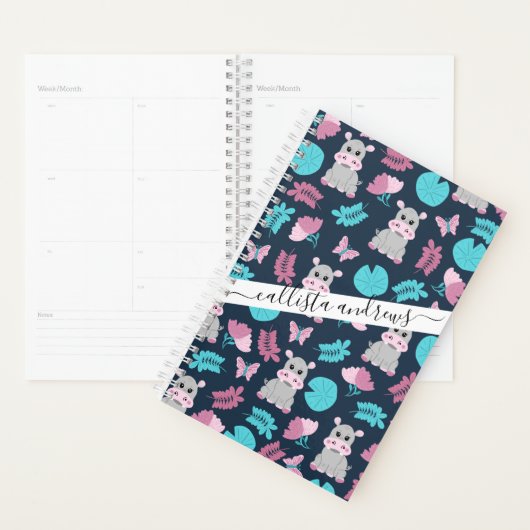 Cute roze Blauwgroen Hippo Floral Butterfly Lily P Planner (Display)