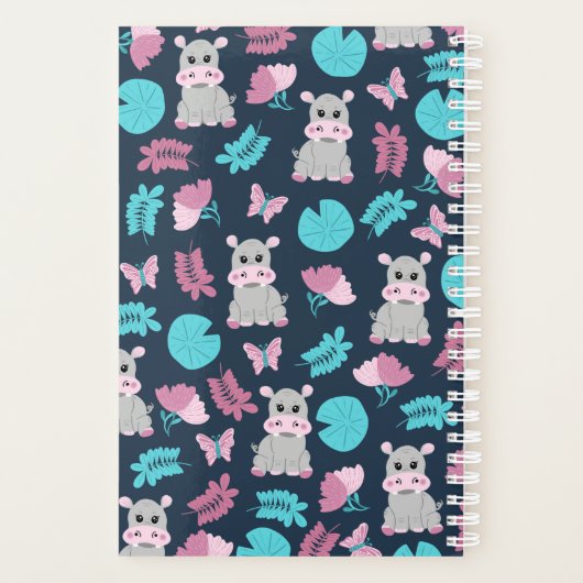 Cute roze Blauwgroen Hippo Floral Butterfly Lily P Planner (Achterkant)