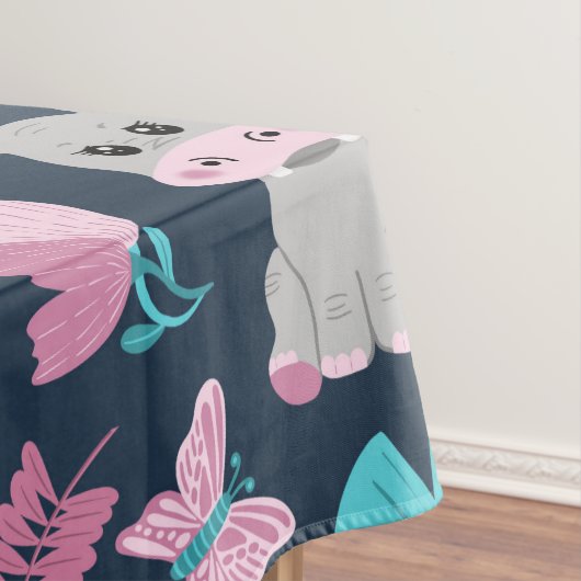 Cute roze Blauwgroen Hippo Floral Butterfly Lily P Tafelkleed (Voorbeeld)