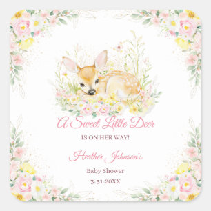 Cute Roze Bloemende Hert Baby Shower Vierkante Sticker