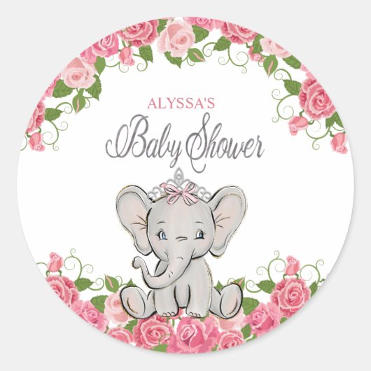 Cute Roze Bloemige Prinses Olifant Baby Shower Ronde Sticker (Voorkant)