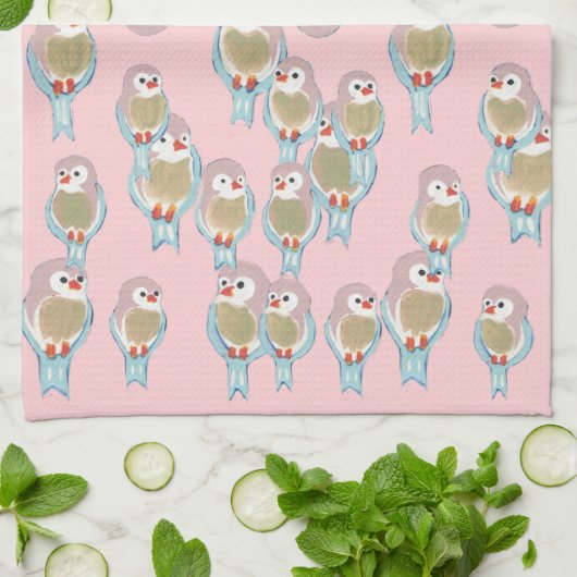 Cute roze & Blue Bird Pattern Moderne Abstract Theedoek (Gevouwen)
