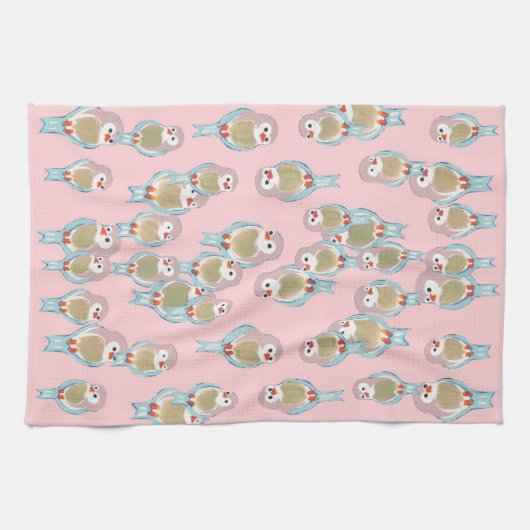 Cute roze & Blue Bird Pattern Moderne Abstract Theedoek (Horizontaal)