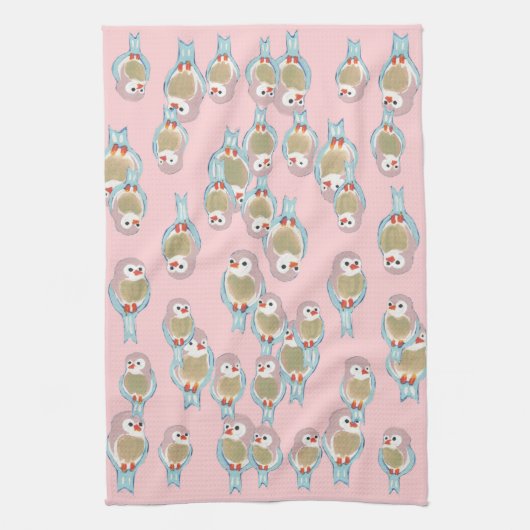 Cute roze & Blue Bird Pattern Moderne Abstract Theedoek (Verticaal)